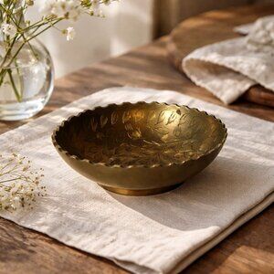 Brass Scalloped Sawteeth Trinket Dish India Floral Leaves Etched Decorative Dish